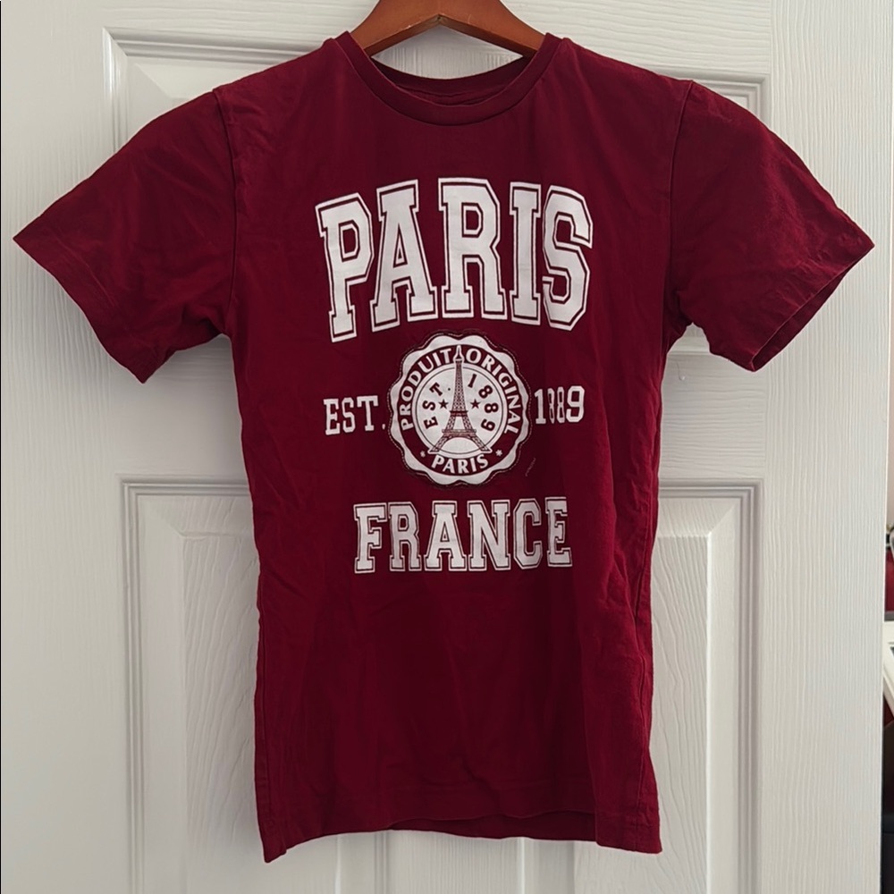 Ruby Red Paris France 🇫🇷 Graphic T-Shirt with Eiffel Tower patch.